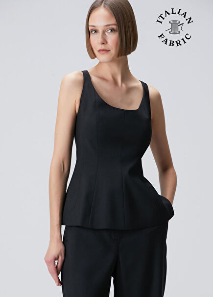 Black Peplum Detailed Wool Blouse