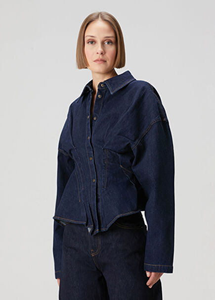 Navy Blue Pleated Denim Shirt