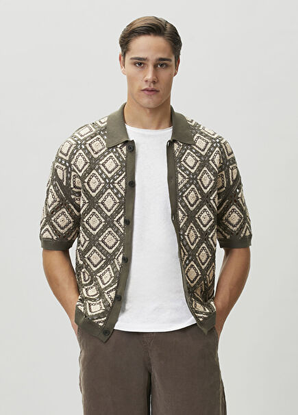 Morena Khaki Motif Short Sleeve Knit Cardigan