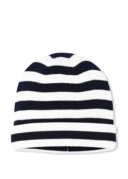 Navy Blue White Striped Knit Boy's Beanie