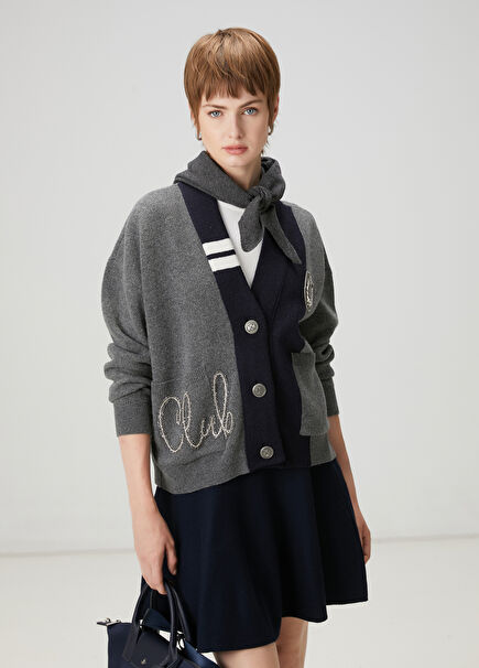 Grey Embroidered Cardigan With Logo