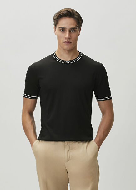 Black Collar Logo Jacquard Short Sleeve Silk Sweat