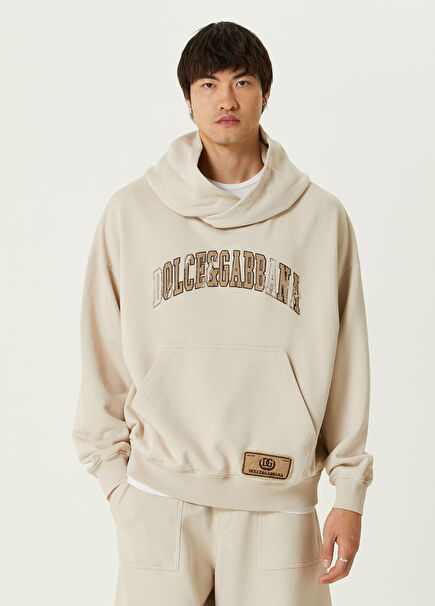 Beige Hooded Logo Embroidered Sweatshirt