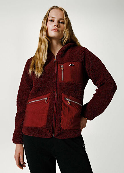 Bordo Kapüşonlu Fermuarlı Kadın Spor Ceket EF169-BRD