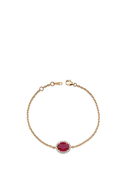 Oval Yakut Taşlı 18 Ayar Pembe Altın Kadın Pırlanta Bileklik