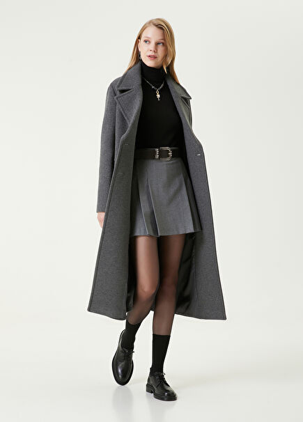 Gri Melanj Pileli Flanel Şort Etek