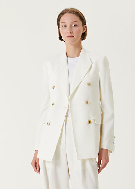 Cream Dovetail Neckline Double-Breasted Blazer
