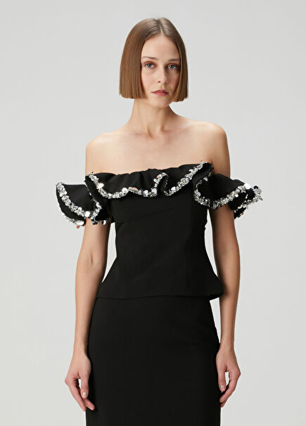 Black Ruffled Crepe Evening Blouse