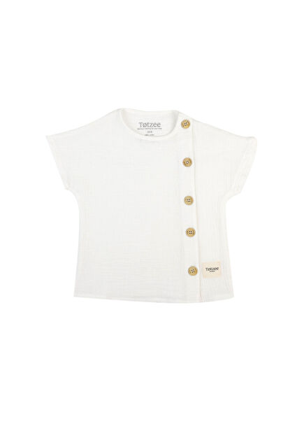 Ekru Müslin Yandan Düğmeli Kısa Kollu Unisex Bebek Gömlek 