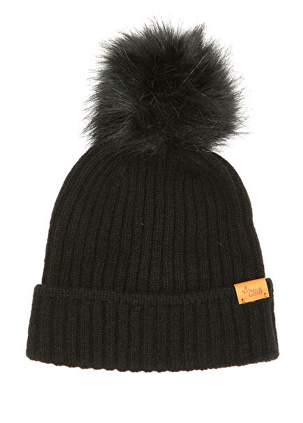 Siyah Ponponlu Kadın Yün Bere