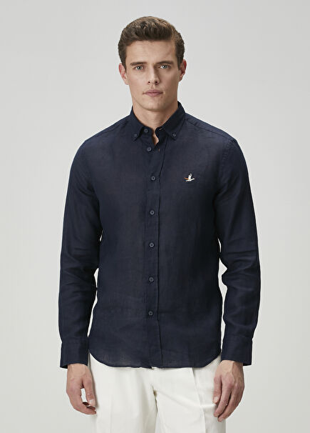 Comfort Fit Lacivert Keten Gömlek