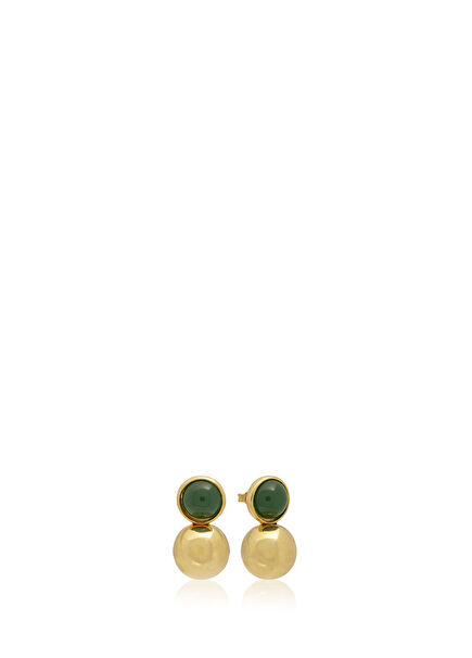 Bead and Green Natural Stone Double 925 Sterling Silver Women Earrings