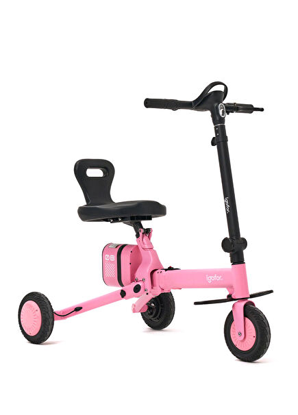 3 Tekerlekli Pembe Oturulabilir ve Katlanabilir Elektrikli Scooter