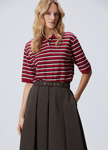 Kırmızı Yarım Kol Çizgili Pike Polo Sweatshirt