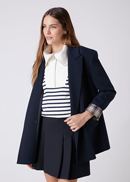 Navy Blue Sleeve End Garnish Blazer