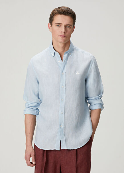 Comfort Fit Blue Dashed Striped Linen Shirt