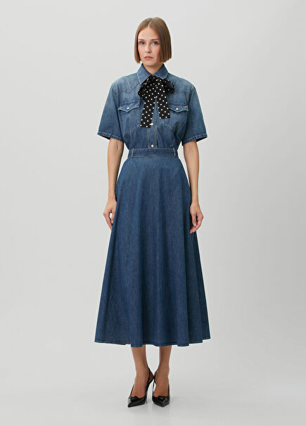 Blue Polka Dot Midi Denim Dress