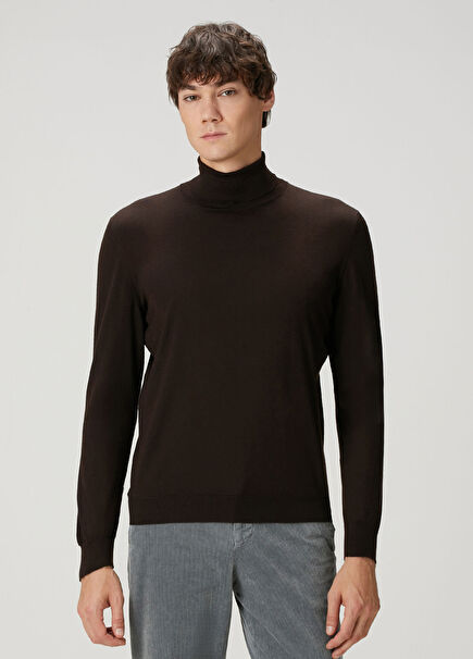 Koyu Kahverengi Balıkçı Yaka Yün Kazak