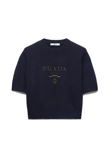 Blue Wool and Cashmere Crew Neck Short Sleeve Women's Sweater