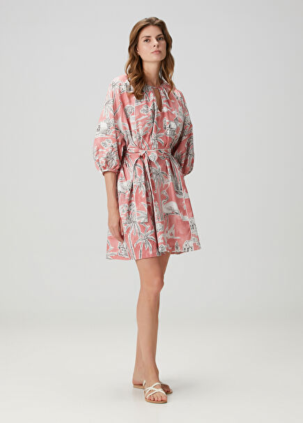 Pink Palm Printed Mini Beach Dress
