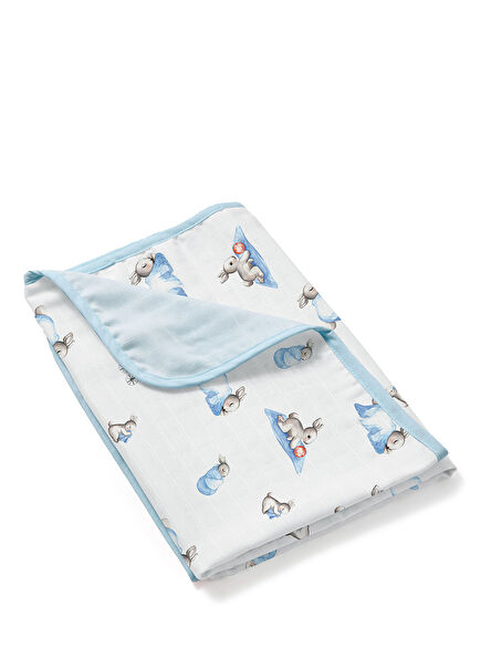 %100 Pamuk Bebe Lapin Mavi Çift Kat Müslin Battaniye