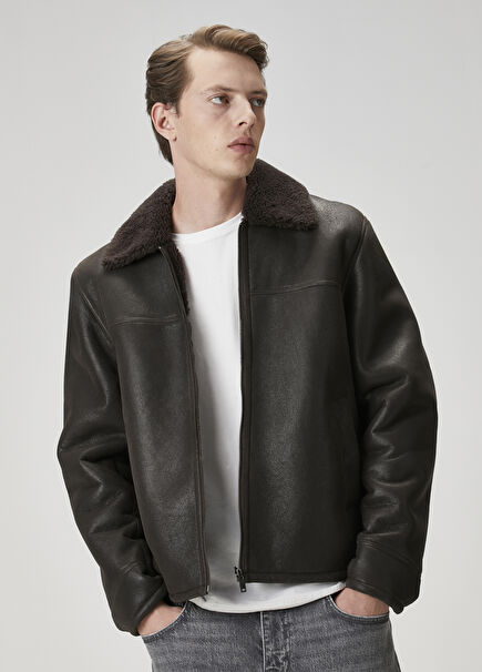 Brown Collar Shearling Detail Leather Coat