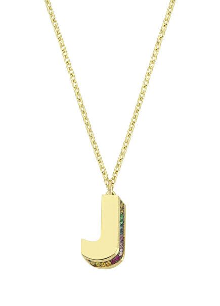 Colorful Sapphire J Letter Women's Gold Necklace