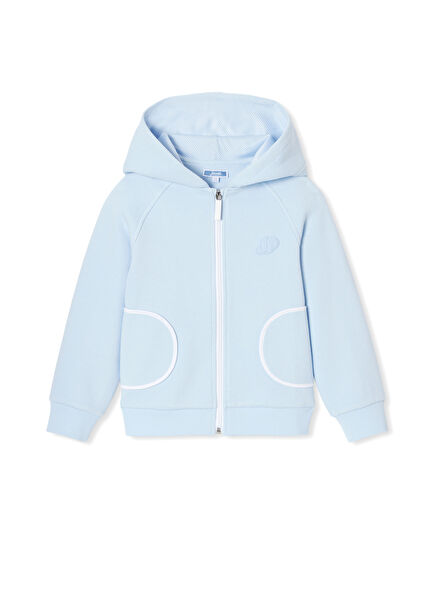 Açık Mavi Pike Kapüşonlu Fermuarlı Kız Çocuk Sweatshirt