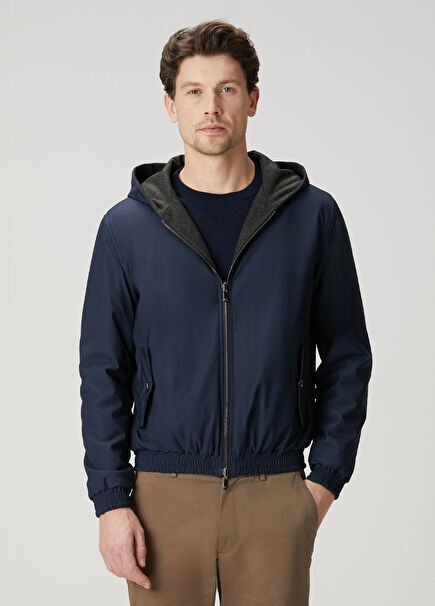 Lacivert Gri Kapüşonlu Çift Taraflı Yün Mont