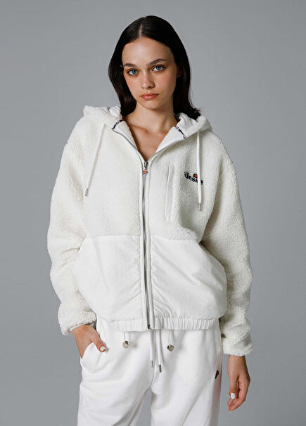 Kırık Beyaz Kapüşonlu Fermuarlı Regular Fit Kadın Sweatshirt