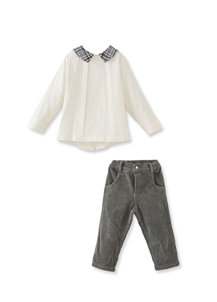 Gri Ekose Yaka Detaylı T-shirt ve Pantolon Erkek Çocuk 2'li Takım