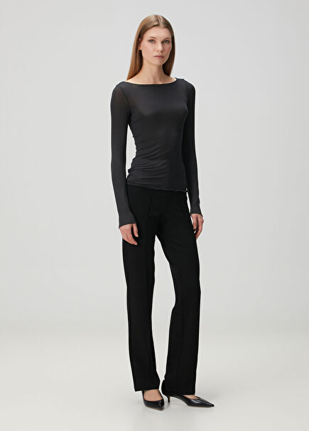 High Waist Pintuck Straight Leg Siyah Pantolon