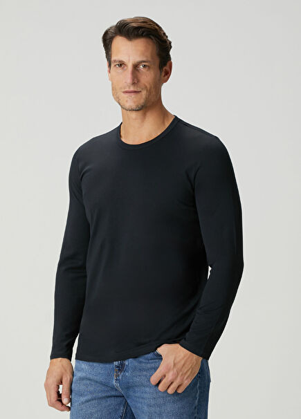 Siyah Mısır Pamuklu Uzun Kollu T-shirt