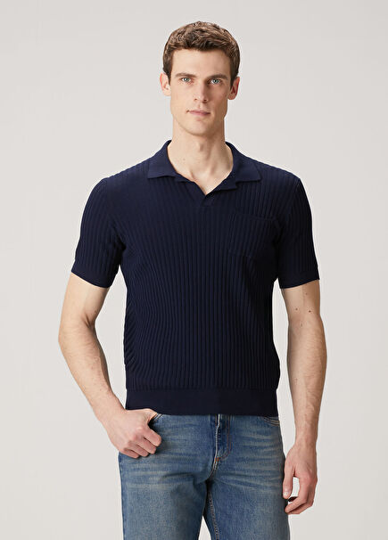 Navy Blue Polo Striped Short Sleeve Sweater
