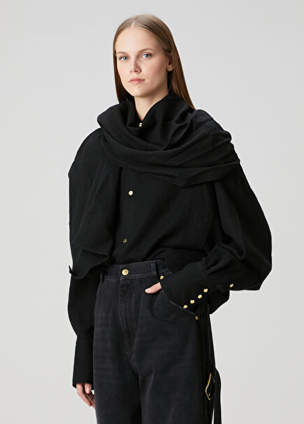 Georgia Black Scarf Detailed Wool Shirt