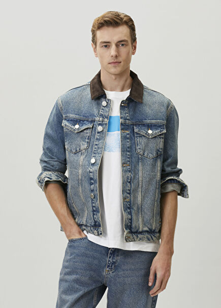 Blue Brown Suede Collar Denim Jacket