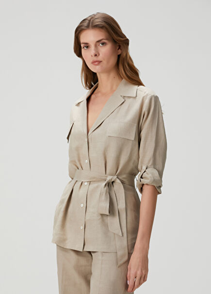 Linen Shirt With Beige Waist Belt