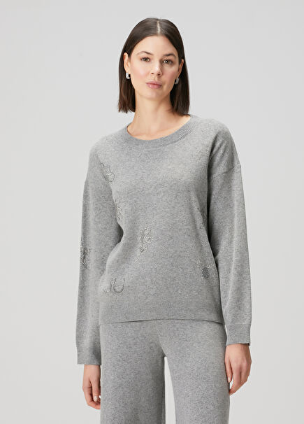 Grey Crystal Printed Sweater
