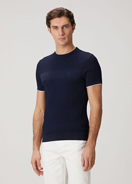 Lacivert Waffle Örgü Dokulu Kısa Kollu Kazak