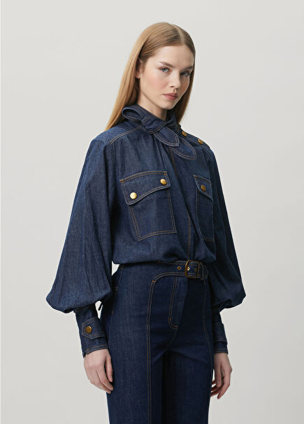 Lacivert Denim Kargo Bluz