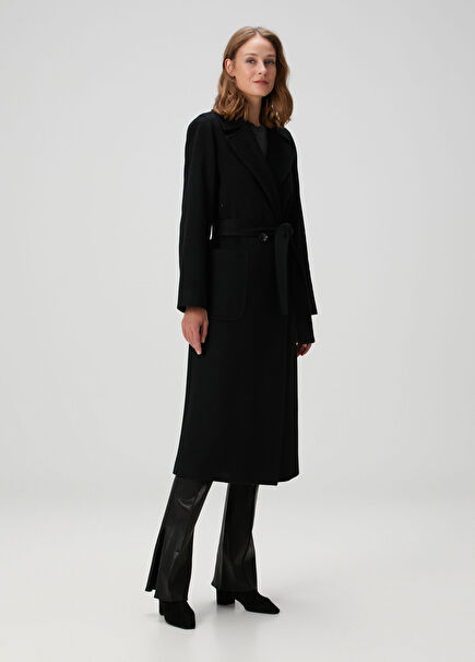 Siyah Beli Kuşaklı Kaşmir Palto