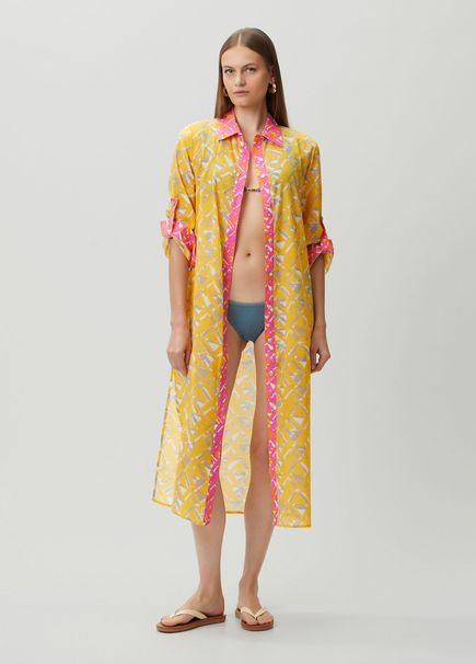 Yellow patterned midi shirt dress