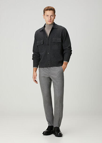 Tapered Fit Açık Gri Beli Kordonlu Yün Pantolon