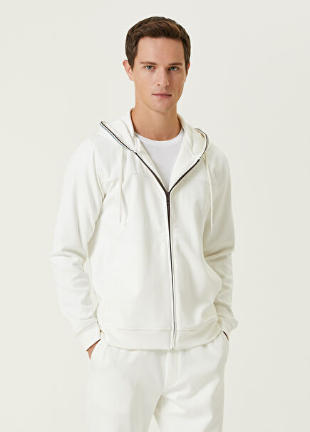 Beyaz Kapüşonlu Çizgili Ribanalı Sweatshirt