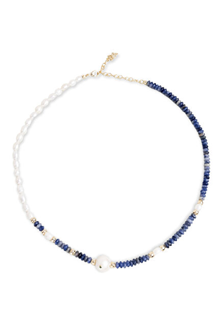18K Yellow Gold Plated Silver Women's Necklace with Sodalite and Pearl Stone