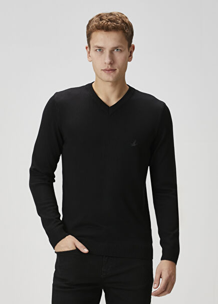 Black V-Neck Logo Embroidered Sweater