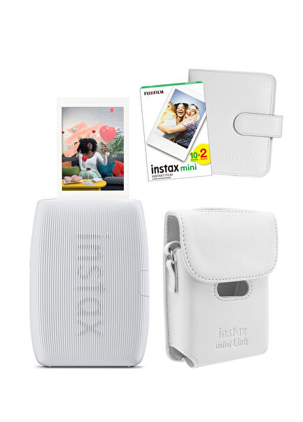 Instax mini Link 3 Beyaz Akıllı Telefon Yazıcısı Beyaz Çanta Deri Albüm ve 20'li Mini Film