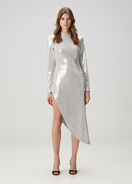 Grey Sequined Midi Cocktail Dress