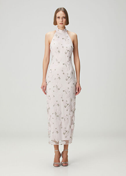 Lilac Embroidered Midi Evening Dress