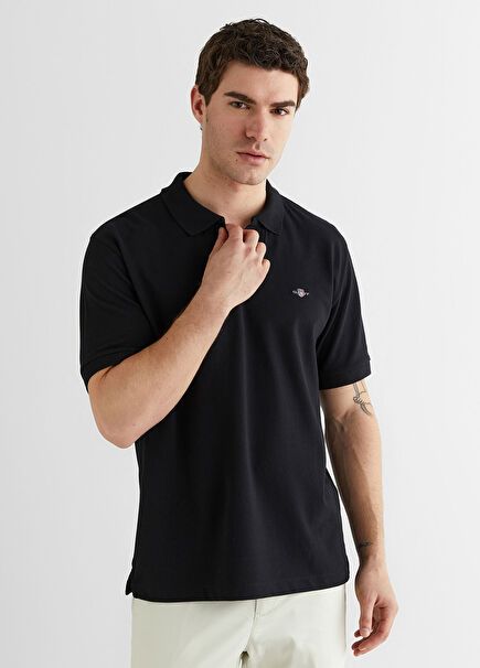 Black Logo Cotton Regular Fit Polo Collar Short Sleeve Men's T-Shirt